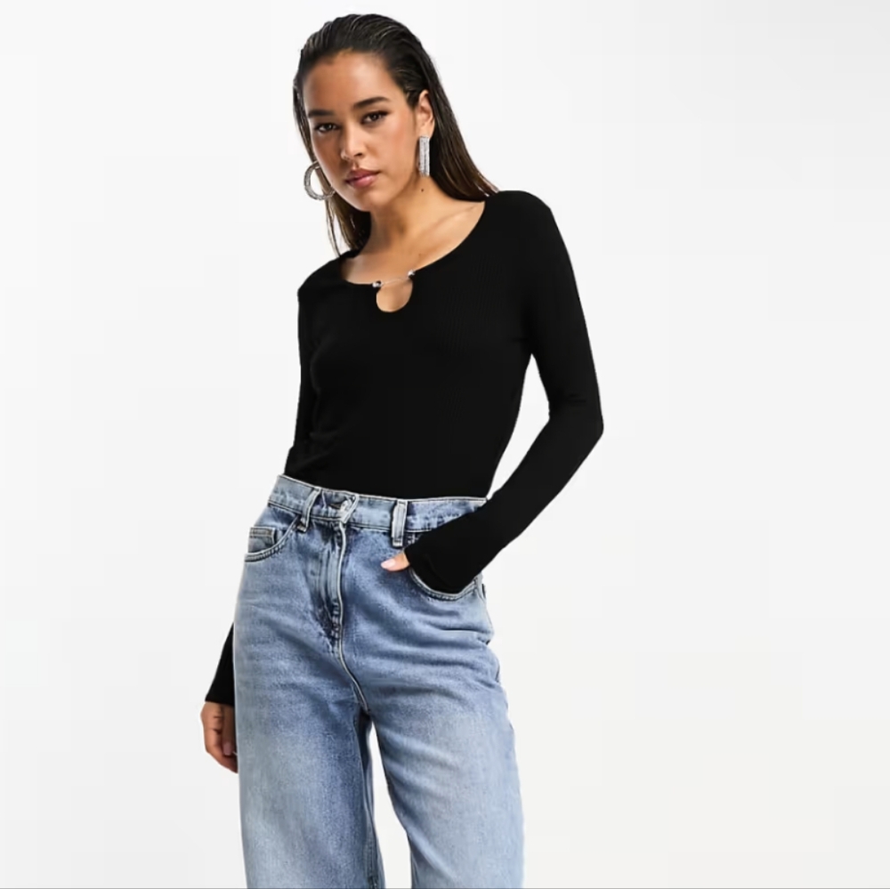MNG MANGO | Women's Black Ribbed Chain Keyhole Front Detail Long Sleeved Shirt